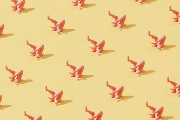 istock Mock-up of bent female legs making shadow, arranged in mesh pattern over yellow background. 3D illustration. 1438541582