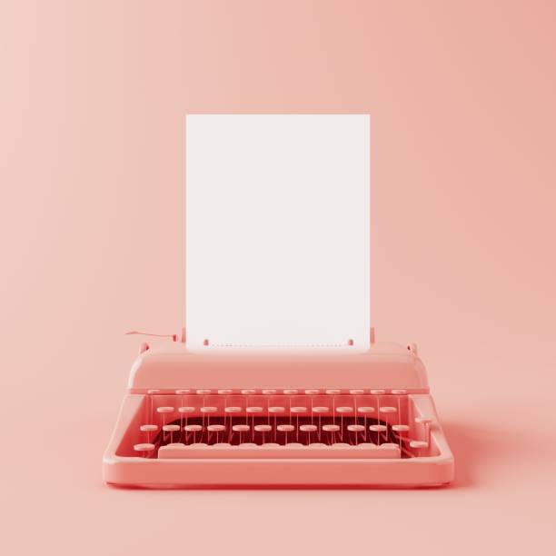 istock Old typewriter with blank white paper for adding your announcement or text. Pink color theme. 3D illustration. 1438541589