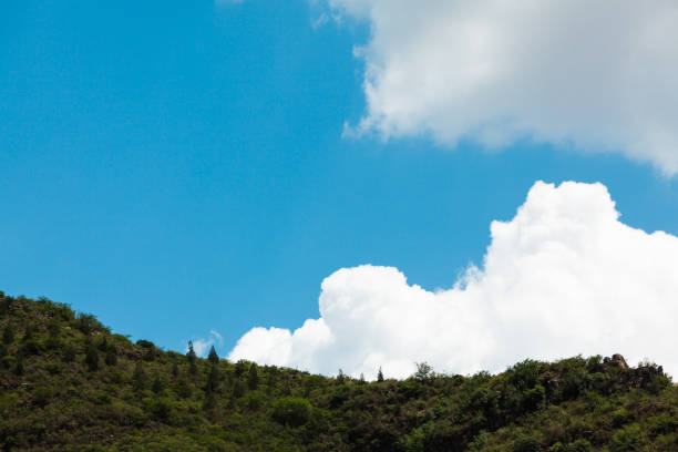 Natural landscape with blue sky, white clouds and mountains