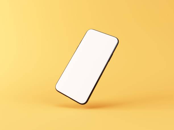 istock Mobile phone mock up isolated on yellow background. Smartphone with blank white screen for adding your content. 3D illustration. 1438541723