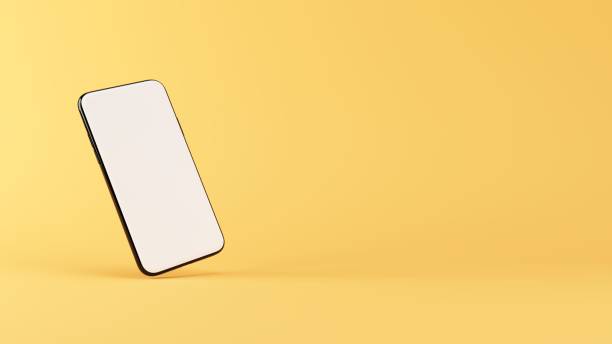 istock Smartphone mock up standing on rounded corner, isolated on yellow. Blank white screen for adding your content. 3D illustration. 1438541729