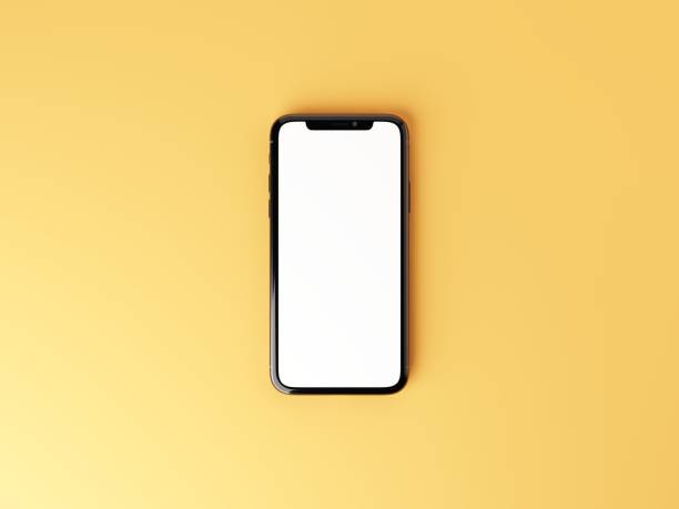 istock Directly above view of smartphone laying on yellow background. Blank white display for adding your content. 3D illustration. 1438541751