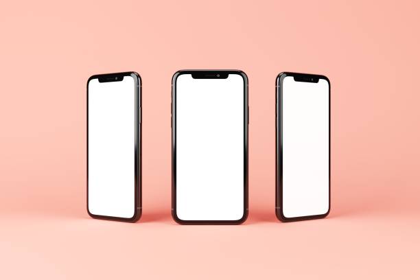 istock Three smartphones from various angles isolated on pink. Template with blank white screen for adding your content. 3D illustration. 1438541755