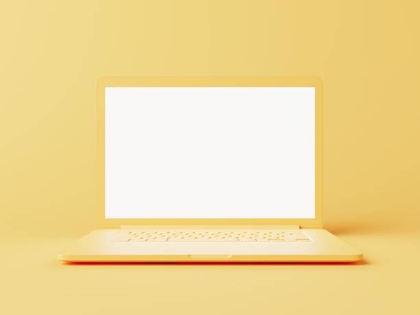 istock Yellow laptop on yellow background. Bright shining white screen of computer, ready for adding your content. 3D illustration. 1438541784