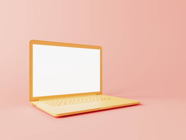 istock Yellow portable computer with blank white screen on pink background. Template for adding your content. 3D illustration. 1438541786