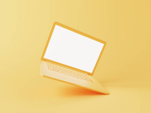 istock Tilt yellow laptop standing on corner. Blank display for adding your content. Yellow background. 3D illustration. 1438541794