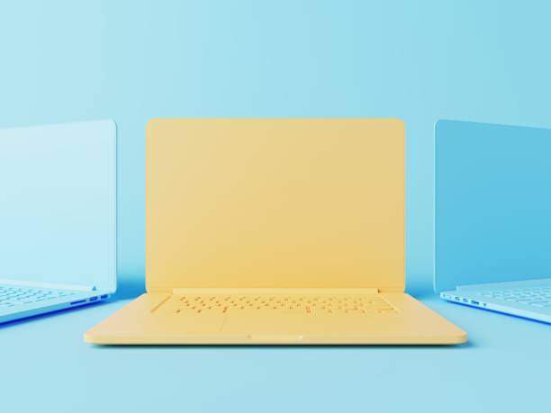 istock Pastel colour laptop mockups. Yellow and blue open portable computers on light blue background. 3D illustration. 1438541796