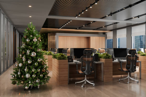 moderno interno dell'ufficio open space con albero di natale, ornamenti e scatole regalo - green tree monitor foto e immagini stock
