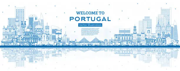 Vector illustration of Welcome to Portugal. Outline City Skyline with Blue Buildings and Reflections.