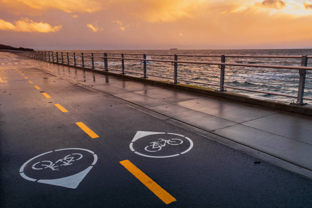 Bike lanes along the waterfront of southern Vancouver Island after a heavy rainfall.