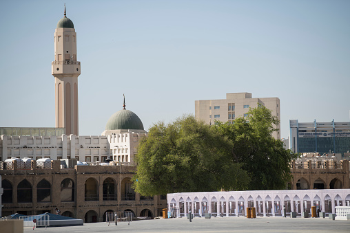 Doha, Qatar, May,6,2019, Traditional Arabian mosque with minarets in old market Souk Waqif.
