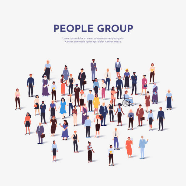 stockillustraties, clipart, cartoons en iconen met many people crowd. citizen group. a lot of persons. large market. business workers. international students silhouettes. multiethnic population. society diversity. vector poster design - groep mensen