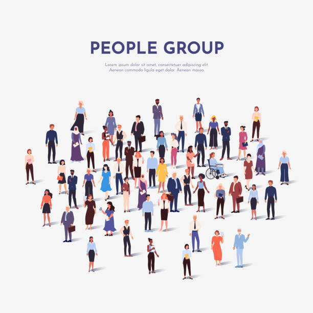 many people crowd. citizen group. a lot of persons. large market. business workers. international students silhouettes. multiethnic population. society diversity. vector poster design - 社區 插圖 幅插畫檔、美工圖案、卡通及圖標