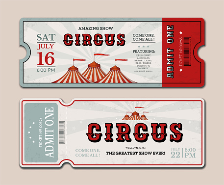 Vintage circus ticket. Carnival event. Retro star amusement. Luxury old style entry coupon with barcode. Performance striped marquee. Clown fair show invitation flyers set. Vector background template
