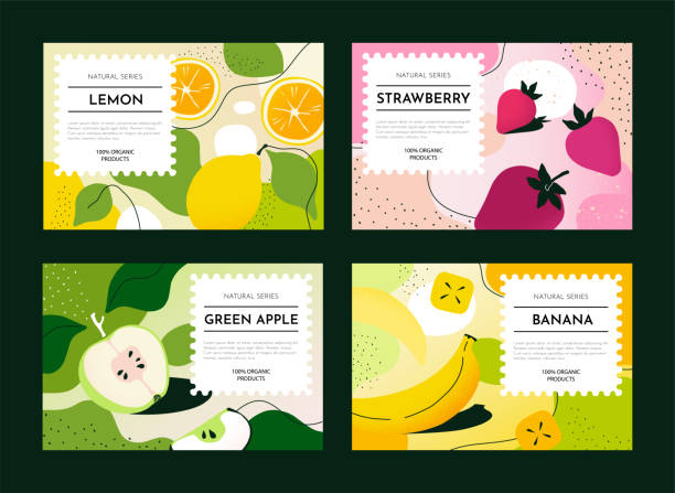 ilustraciones, imágenes clip art, dibujos animados e iconos de stock de paquete de alimentos abstracto. patrón naranja o piña. caja de jabón o símbolo de sello. envase cosmético de baño. plátano y manzana. conjunto de plantillas de etiquetas. productos ecológicos. antecedentes del diseño vectorial - zumo