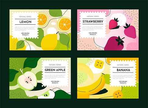 Abstract food package. Orange or pineapple pattern. Soap box or stamp symbol. Bath cosmetic container. Organic products. Banana and apple. Fruit tastes. Label templates set. Vector design background