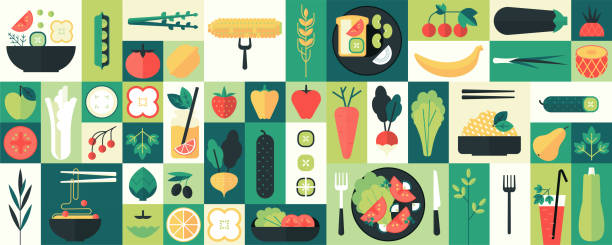 ilustraciones, imágenes clip art, dibujos animados e iconos de stock de fondo geométrico abstracto de alimentos vegetales orgánicos. frutas y verduras, bebidas frías, plantas de cocina, fideos y ensaladas, geometría de la granja, estilo de vida saludable. iconos planos vectoriales - comida básica