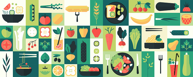 Abstract geometric organic vegetable food background. Fruits and vegetables, cold drinks, kitchen plants, noodles and salad, geometry farm eating, healthy lifestyle. Eco agriculture vector flat icons