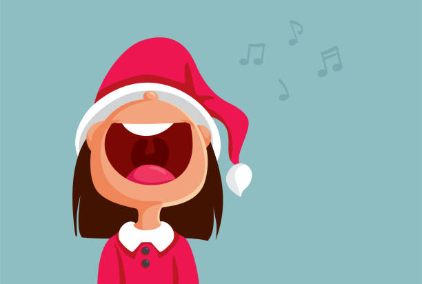 ilustrações, clipart, desenhos animados e ícones de funny christmas girl cantando loud carols vector cartoon ilustração - caroler