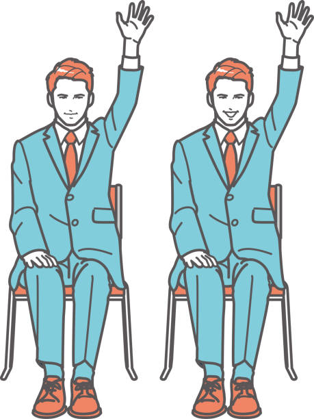 Man raising his hand in interview, full-length portrait Man raising his hand in interview, full-length portrait interview stock illustrations