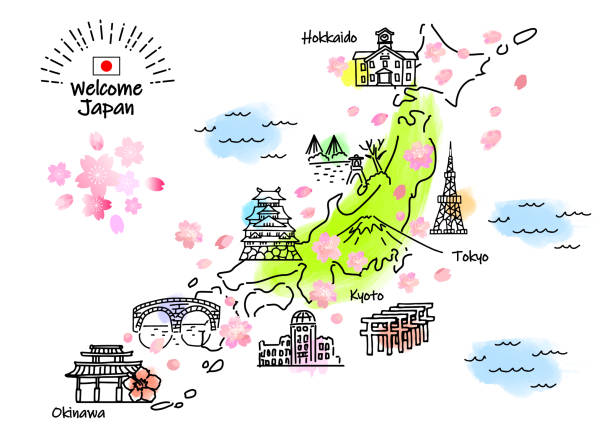 春の観光スポットマップで日本を手描き - tokyo prefecture japan skyline japanese culture点のイラスト素材／クリップアート素材／マンガ素材／アイコン素材