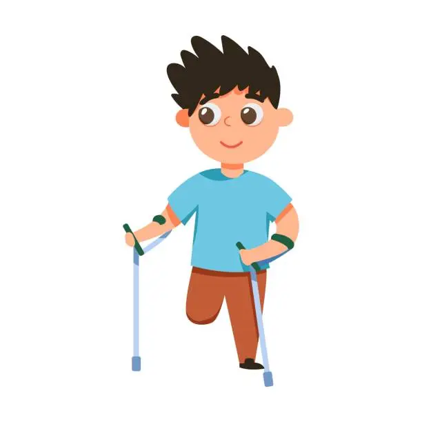 Vector illustration of Boy without leg on crutches