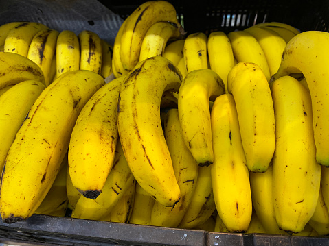 Stock photo showing close-up, elevated view of black plastic crate containing bunches of yellow, ripe bananas on the shelves of a green grocer's aisle in a supermarket.