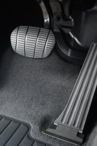 Close up of brake and accelerator pedals in a car.