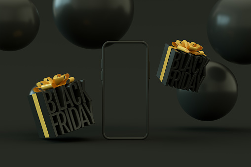 Blank screen smart phone. Black Friday concept. Black background.