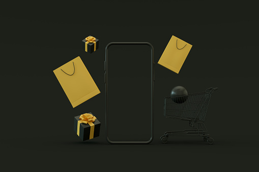 Blank screen smart phone. Black Friday concept. Black background.