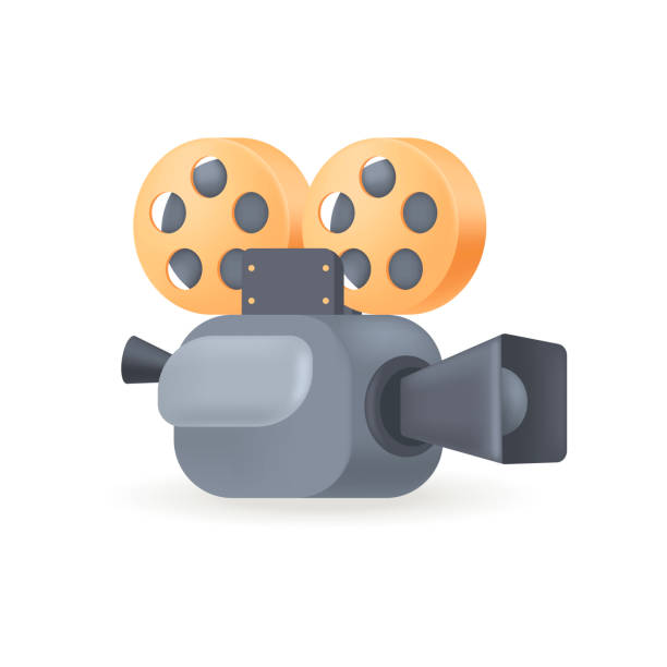 istock Retro black video camera with yellow film reels 3D icon 1438552022