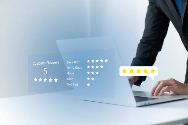 istock Satisfaction and customer service survey concept, business people using  laptop. to answer the questionnaire And the satisfaction rating, the satisfaction rating with the icon 5 stars. 1438553679