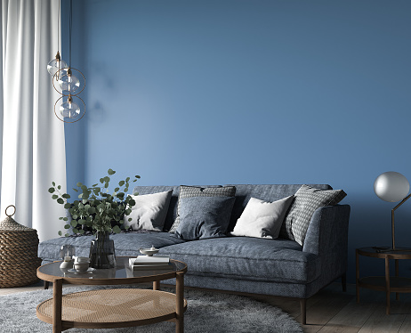 Dark living room interior, blue sofa with wooden home accessories in modern cozy apartment, 3d render