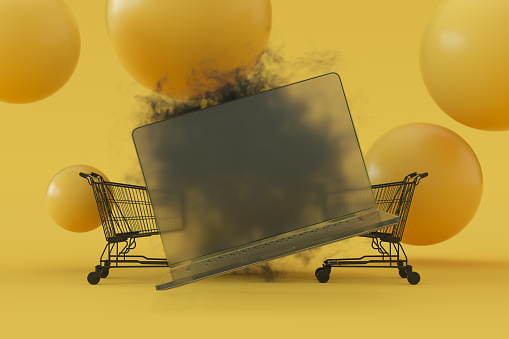 Transparent blank screen laptop. Black Friday concept. Yellow background.