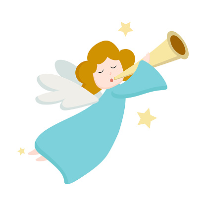 Christmas angel with wings flies and plays the trumpet. Vector Greeting card decorated flying Christmas angel. Great for posters, greeting cards