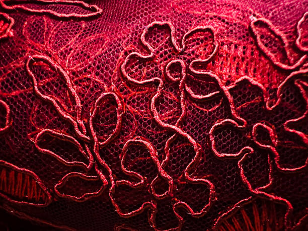 istock Red fabric texture with micropores and flower design. macro 1438556797