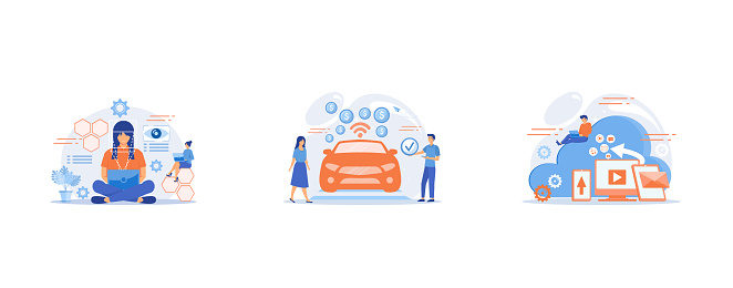 Businessman and technology measuring eye position and movement, tiny people, Business people paying in vehicle equiped with in-car payment system, Cloud based engine, infrastructure as a service, virtual machine on demand concept, set flat vector modern illustration