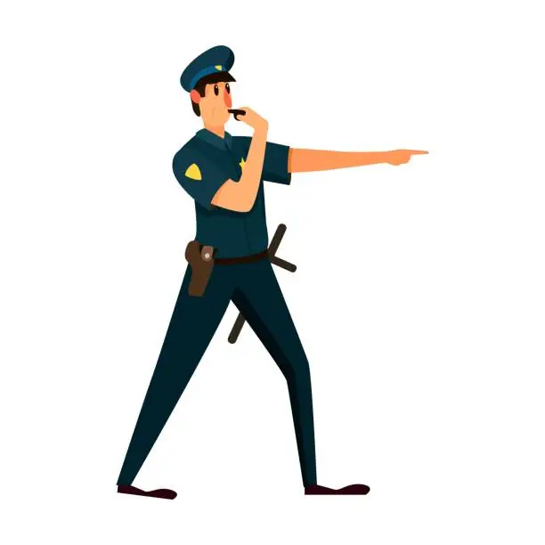 Vector illustration of Policeman character blowing the whistle. Vector illustration of patrol officer. Cartoon Policeman isolated on white