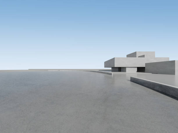 istock 3d render of abstract futuristic architecture with concrete floor. 1438558801