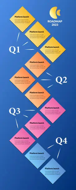 Vector illustration of Blue modular vertical quarterly geometric roadmap with colorful rhombuses. Timeline infographic template for business presentation. Vector.