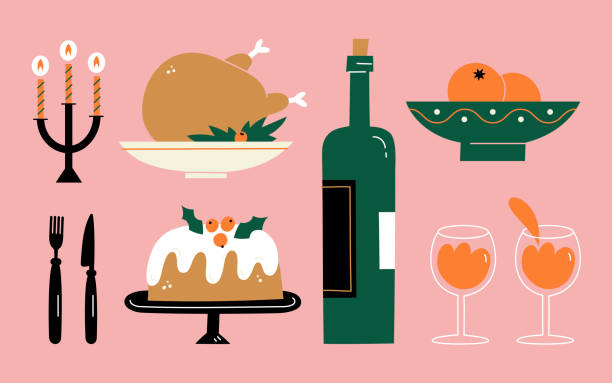 illustrazioni stock, clip art, cartoni animati e icone di tendenza di cibo tradizionale di natale su sfondo rosa. illustrazione vettoriale - christmas dinner food turkey