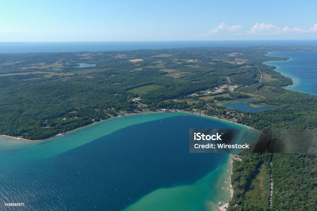 Aerial view of the Omena Bay in Traverse City, Michigan An aerial view of the Omena Bay in Traverse City, Michigan Michigan Stock Photo