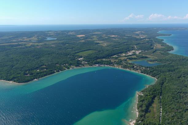 Aerial view of the Omena Bay in Traverse City, Michigan An aerial view of the Omena Bay in Traverse City, Michigan Michigan stock pictures, royalty-free photos & images