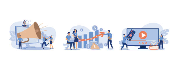 ilustrações de stock, clip art, desenhos animados e ícones de noisy big megaphone, startup managers presenting and analyzing sales growth chart, tiny couple watching video on internet, set flat vector modern illustration - remote television movie box