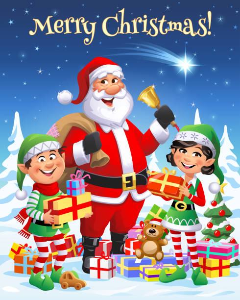 Santa Claus And Elves Under The Christmas Star Stock Illustration