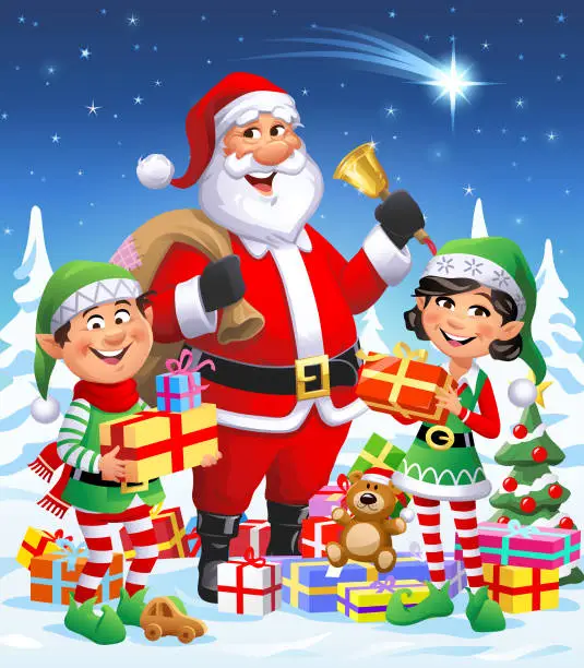 Vector illustration of Santa Claus And Cute Christmas Elves