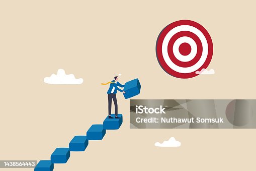 istock Develop business plan to achieve target, build stair to success or career growth, action plan or effort to reach goal, motivation to reach target concept, businessman building stair to reach target. 1438564443