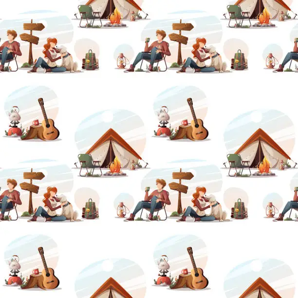 Vector illustration of Seamless pattern with people sitting by campfire in the camp.