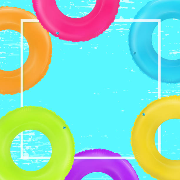 istock Swim rings frame. Summertime poster. Inflatable rubber toy. Colorful vector vacation background. Top view swim rings for ocean, sea, pool. 1438568441