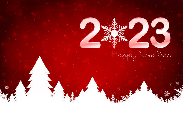 istock Glittery Christmas horizontal red backgrounds with text Happy New year 2023 and a white coloured snow covered mountain range with coniferous Xmas trees and snowflakes and shiny dots at over bright vibrant maroon backdrop 1438568450
